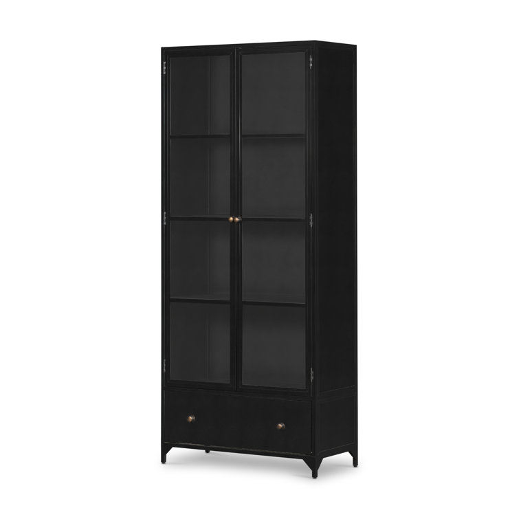 Elegant Black Iron Curio Cabinet with Glass Doors and Brass Knobs