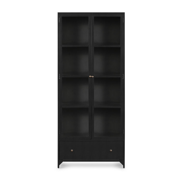 Elegant Black Iron Curio Cabinet with Glass Doors and Brass Knobs
