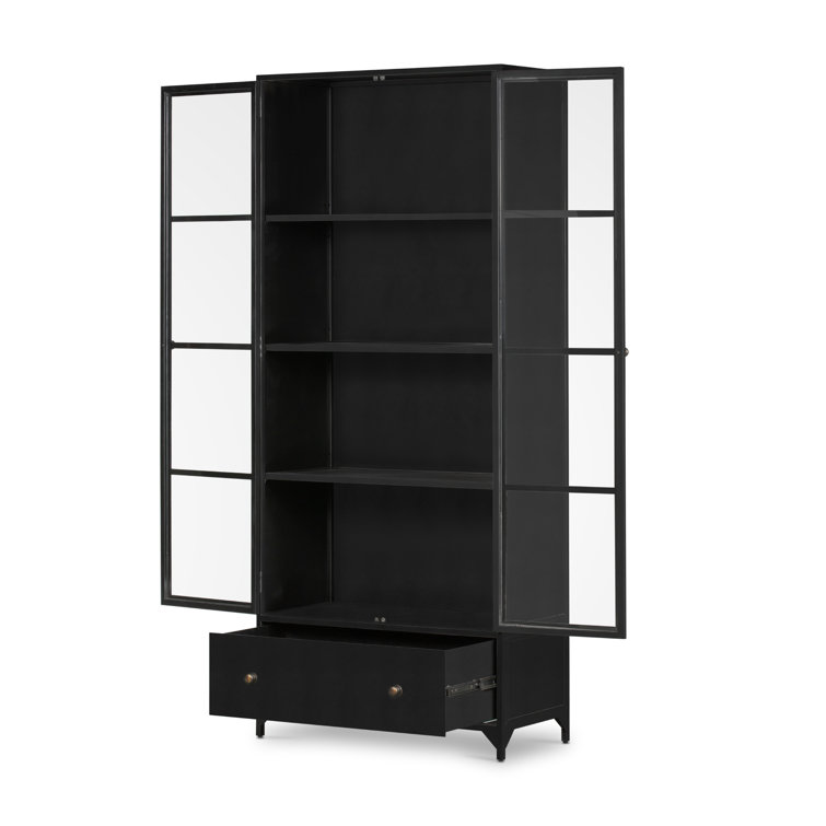 Elegant Black Iron Curio Cabinet with Glass Doors and Brass Knobs
