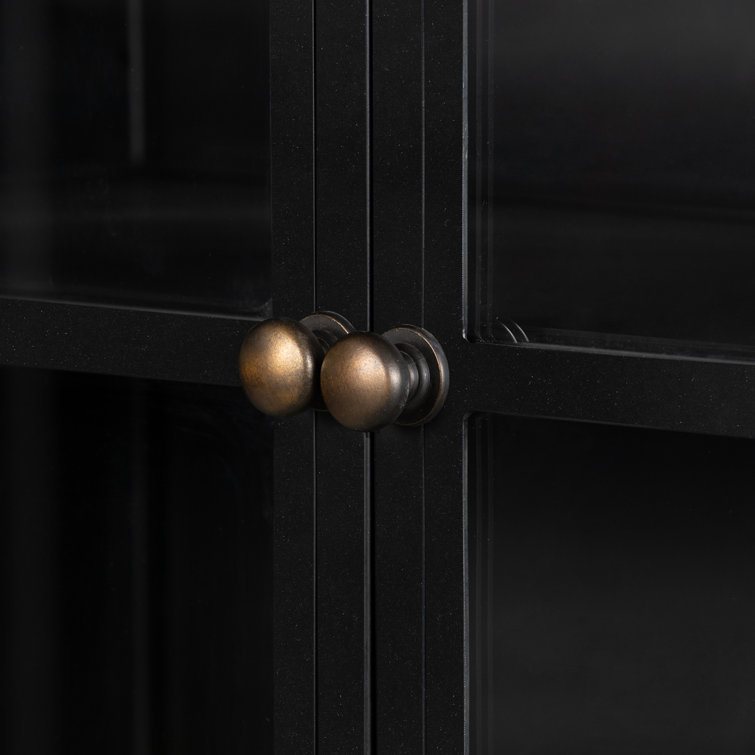 Elegant Black Iron Curio Cabinet with Glass Doors and Brass Knobs
