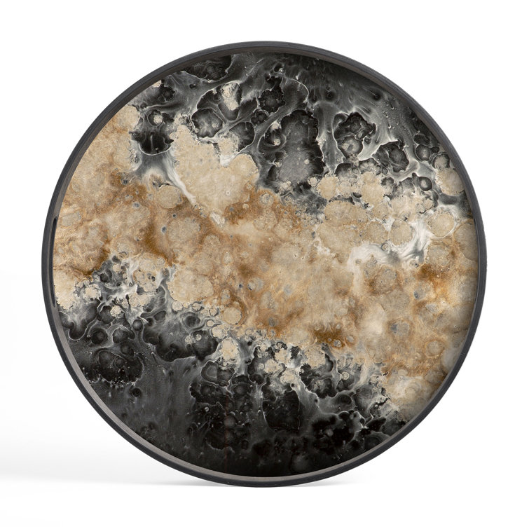 Hand-Finished Round Dark Wood and Glass Tray