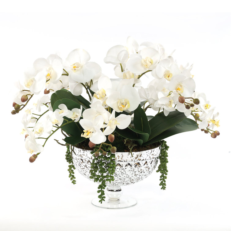 Elegant White Orchid Centerpiece in Antique Silver Glass Vase