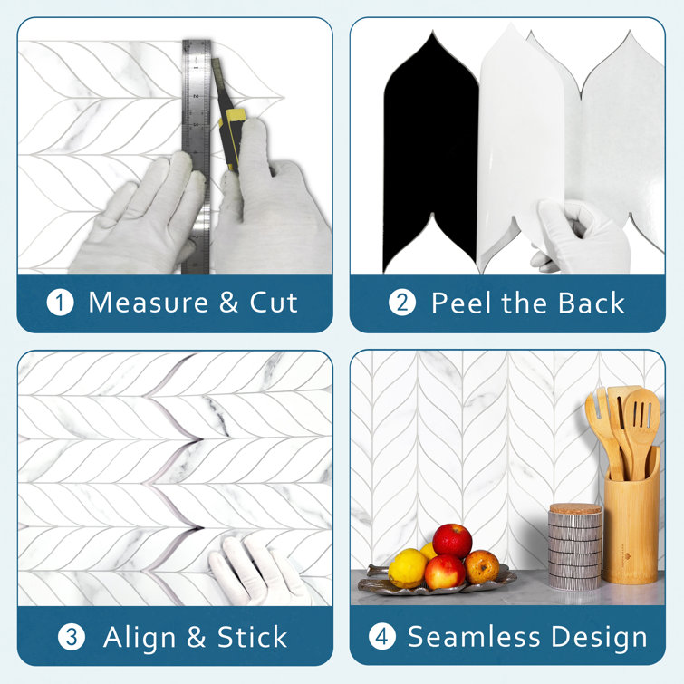 White Marble Look Leaf Pattern Peel and Stick Mosaic Tile