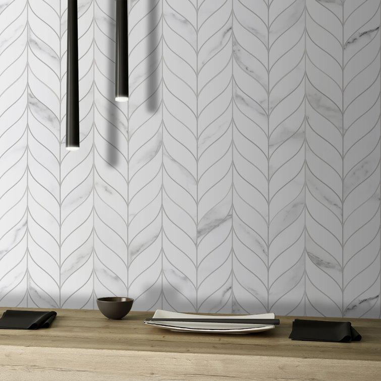 White Marble Look Leaf Pattern Peel and Stick Mosaic Tile