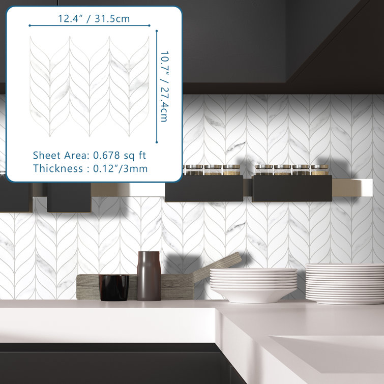 White Marble Look Leaf Pattern Peel and Stick Mosaic Tile