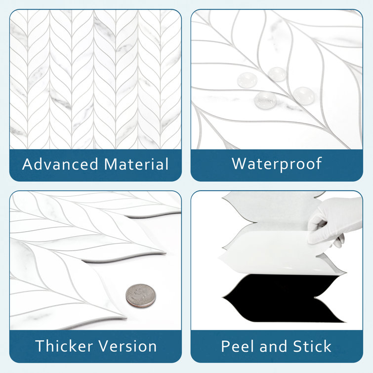 White Marble Look Leaf Pattern Peel and Stick Mosaic Tile