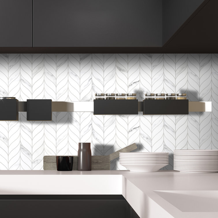 White Marble Look Leaf Pattern Peel and Stick Mosaic Tile