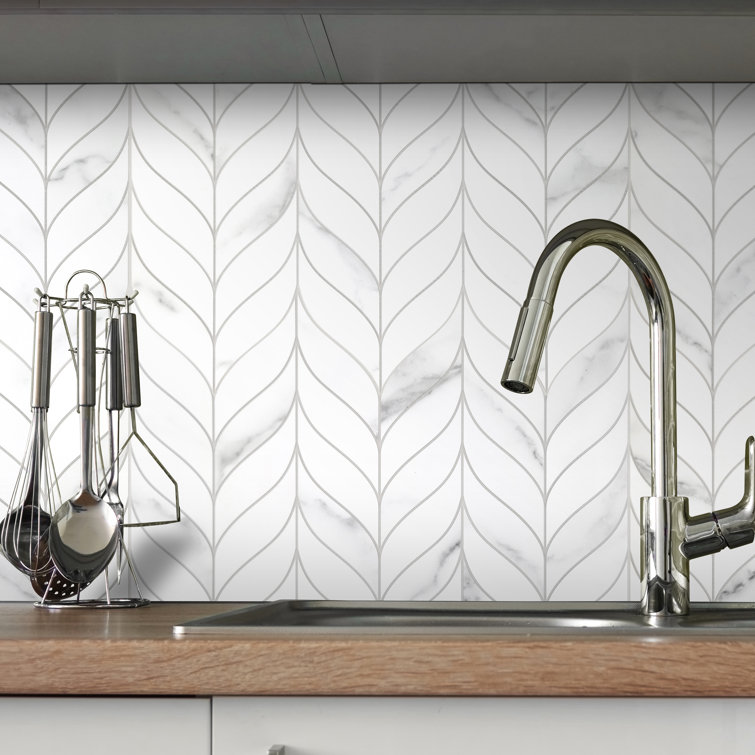 White Marble Look Leaf Pattern Peel and Stick Mosaic Tile