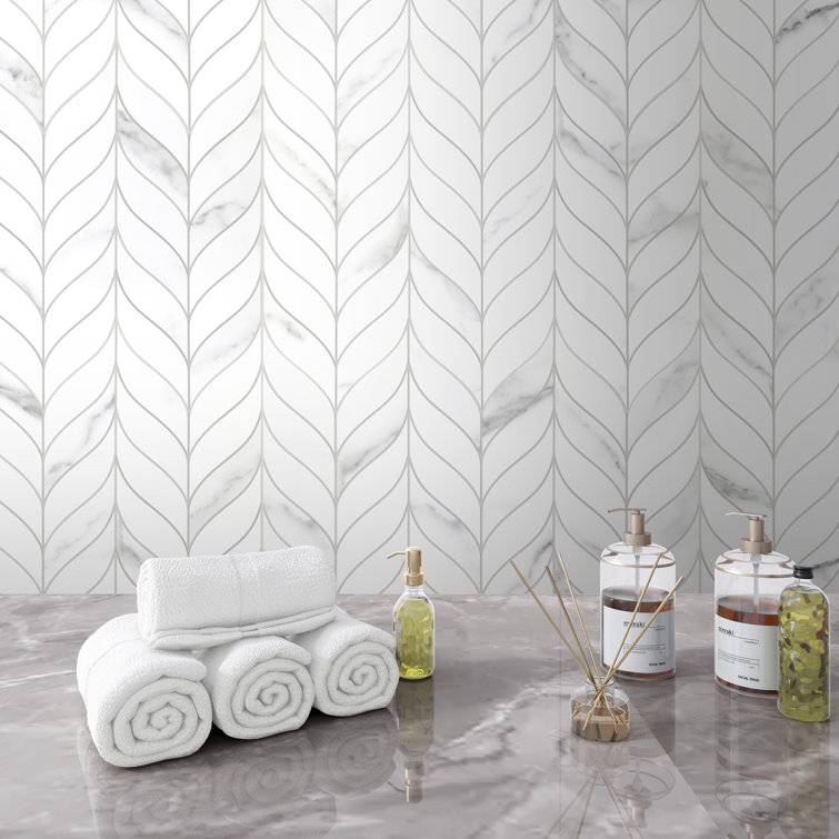 White Marble Look Leaf Pattern Peel and Stick Mosaic Tile