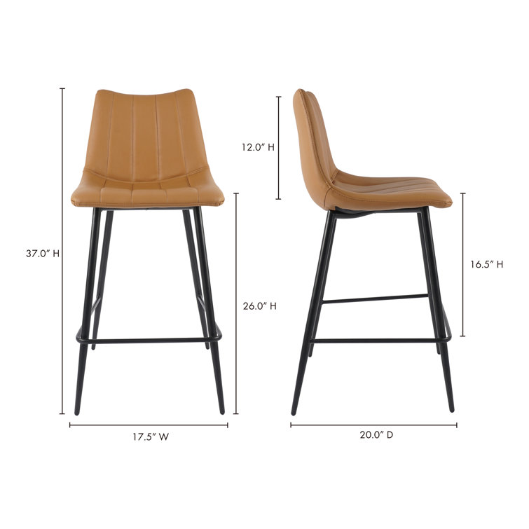 Brown Faux Leather Low Back Counter Stools with Steel Frame, Set of 2