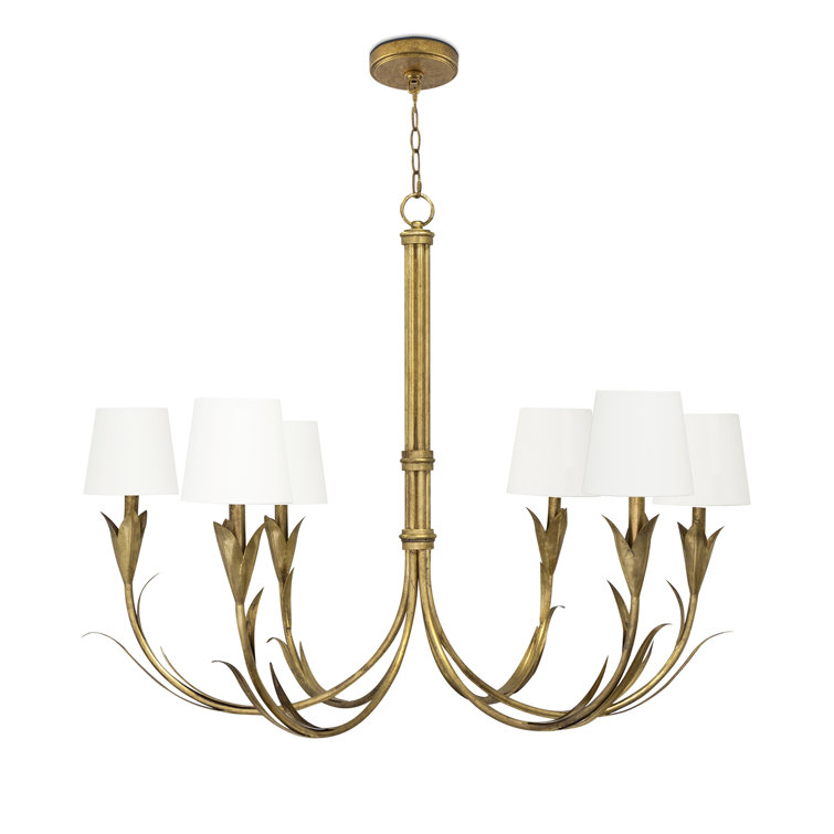 Antique Gold Leaf 6-Light Chandelier with Linen Shades