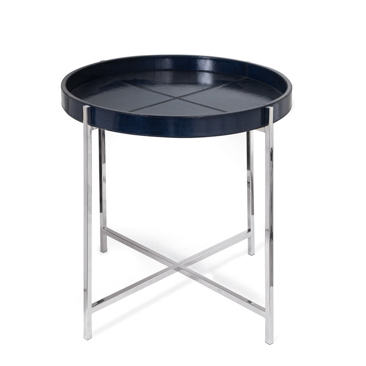 Round Blue Leather Tray Table with Polished Nickel Frame
