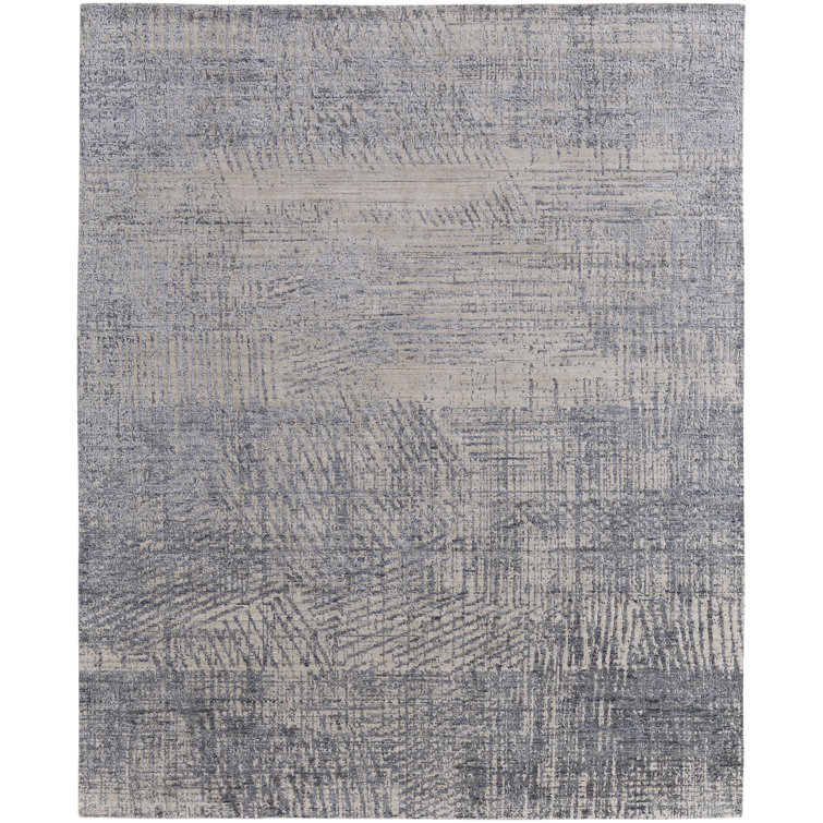 Handmade Blue and Ivory Wool Viscose Abstract Area Rug