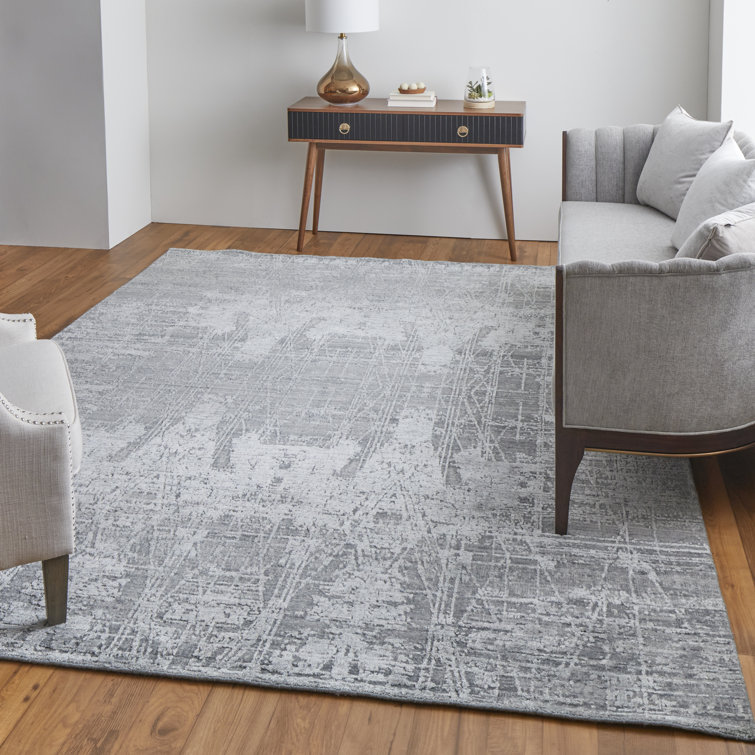 Gray Hand-Knotted Wool and Viscose Abstract Rug, 2' x 3'