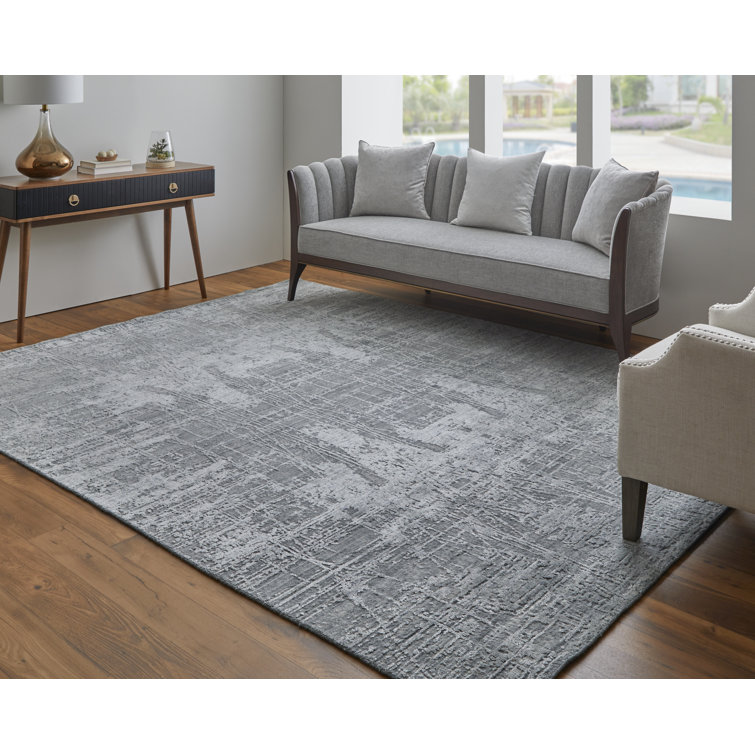 Gray Hand-Knotted Wool and Viscose Abstract Rug, 2' x 3'