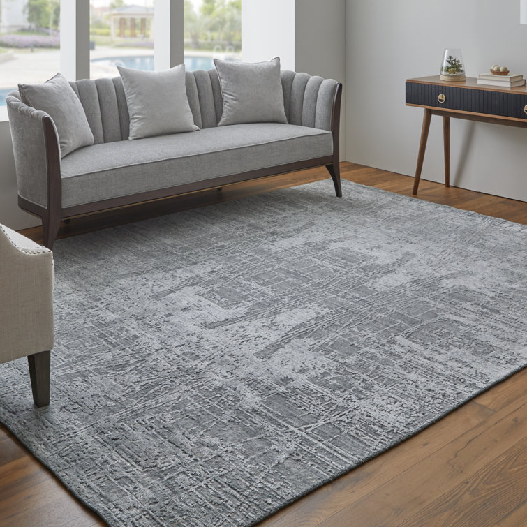 Gray Hand-Knotted Wool and Viscose Abstract Rug, 2' x 3'