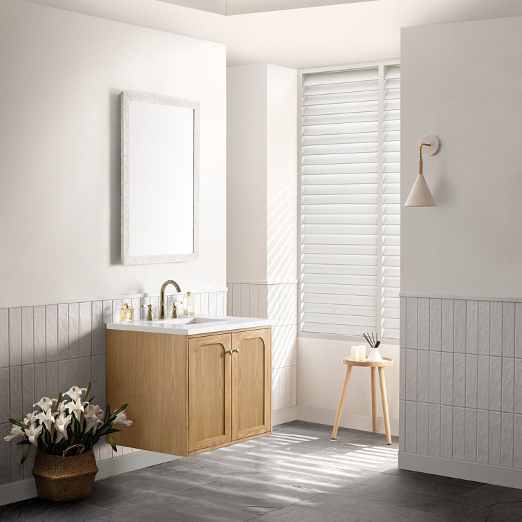 Light Natural Oak Wall-Mount Single Vanity with White Quartz Top