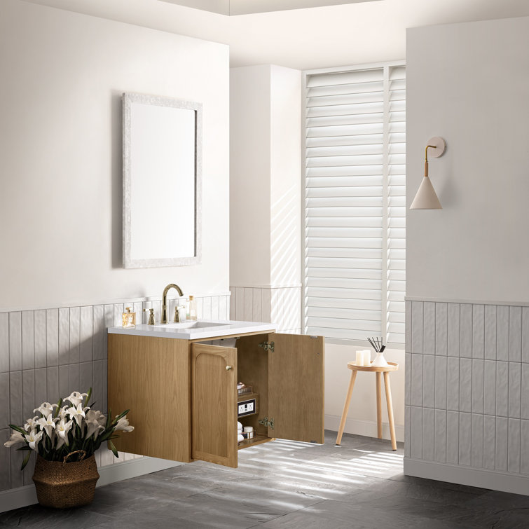 Light Natural Oak Wall-Mount Single Vanity with White Quartz Top