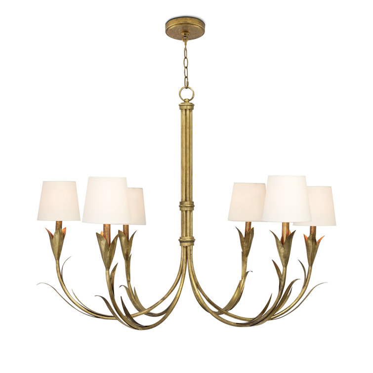 Antique Gold Leaf 6-Light Chandelier with Linen Shades