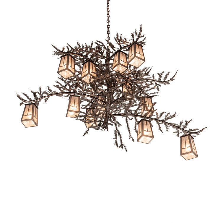 Mahogany Bronze Pine Branch 12-Light Chandelier with Silver Mica Shades