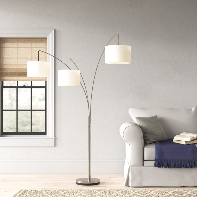 Trinity Brushed Steel 74'' Adjustable Arc Floor Lamp with White Shades
