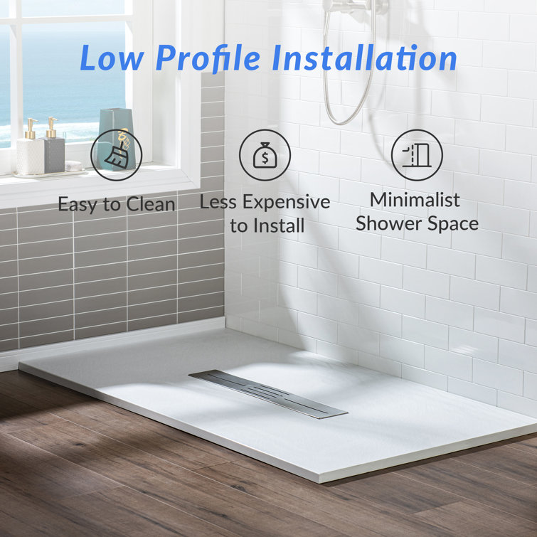 White Solid Surface Low-Profile Curbless Shower Base 60 x 36