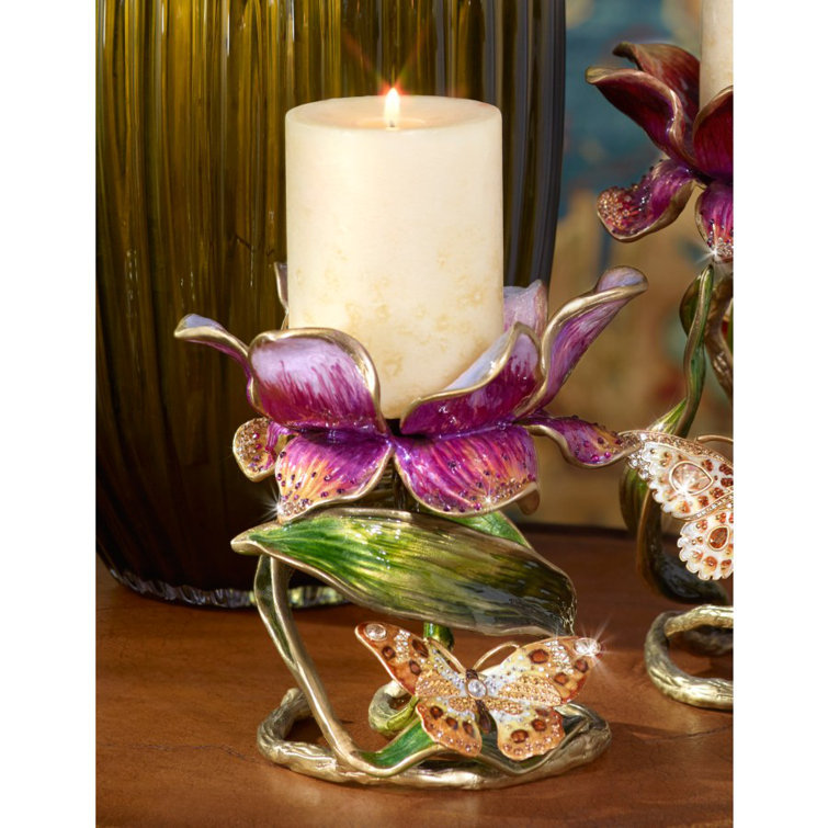 Antiqued Gold Brass Pillar Candle Holder with Swarovski Crystals
