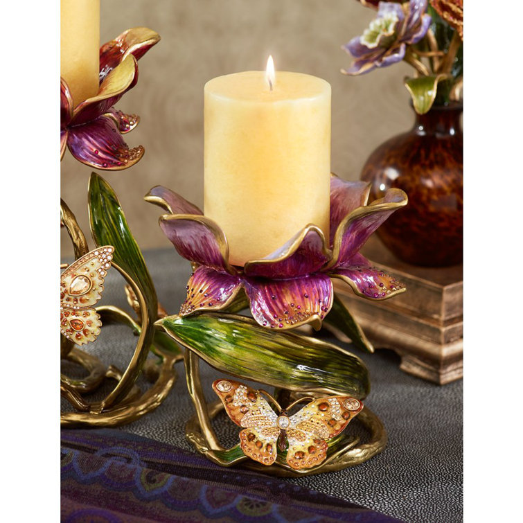 Antiqued Gold Brass Pillar Candle Holder with Swarovski Crystals