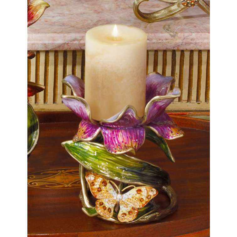 Antiqued Gold Brass Pillar Candle Holder with Swarovski Crystals