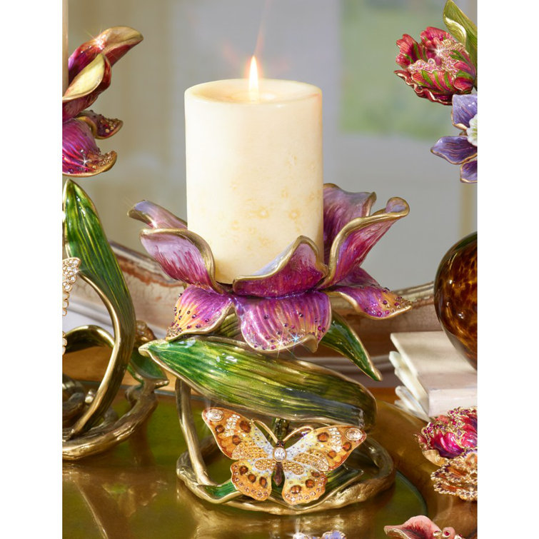 Antiqued Gold Brass Pillar Candle Holder with Swarovski Crystals