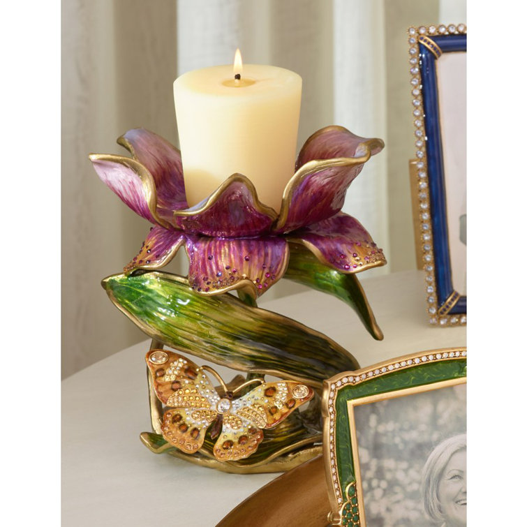 Antiqued Gold Brass Pillar Candle Holder with Swarovski Crystals