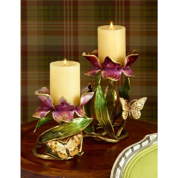 Antiqued Gold Brass Pillar Candle Holder with Swarovski Crystals
