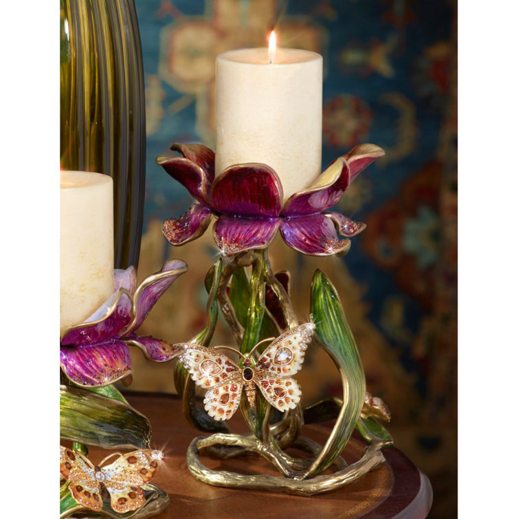 Elegant 9" Brass & Pewter Pillar Candle Holder with Swarovski Crystals