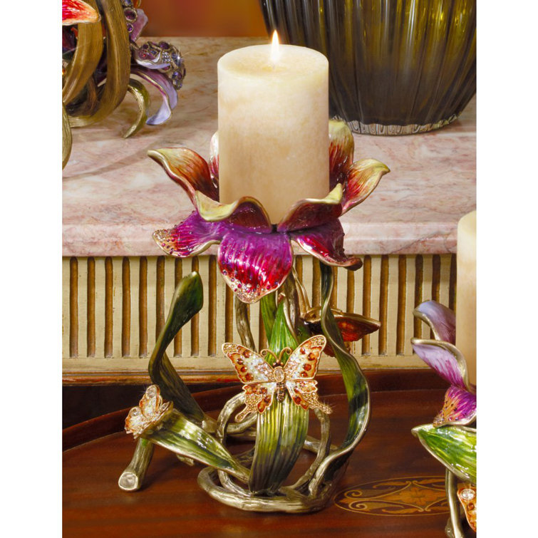 Elegant 9" Brass & Pewter Pillar Candle Holder with Swarovski Crystals