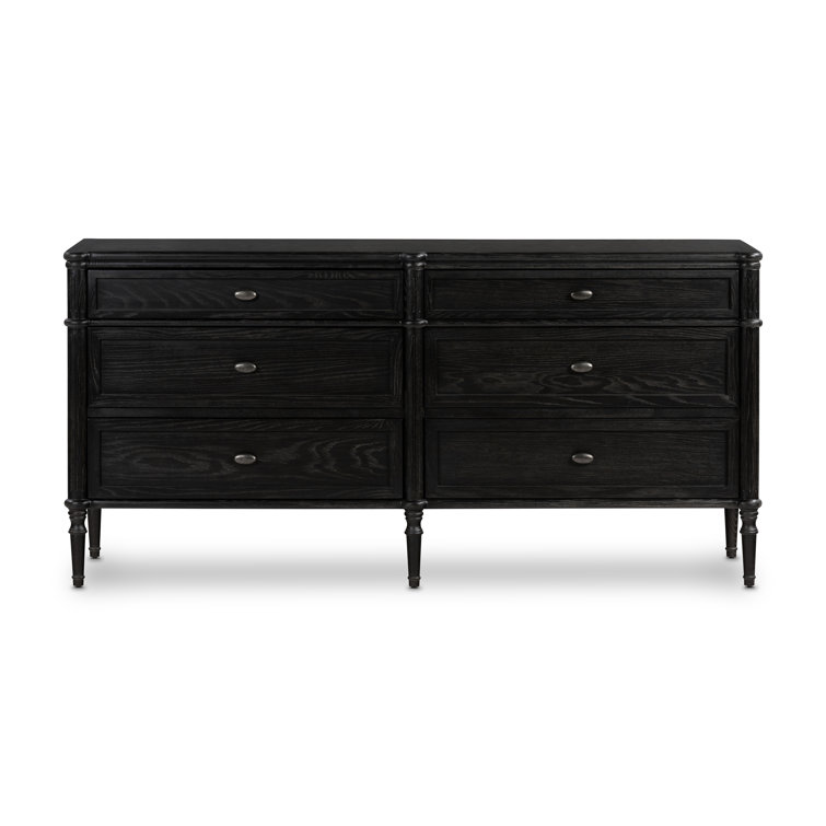 Distressed Black Oak 6-Drawer Dresser with Brass Pulls