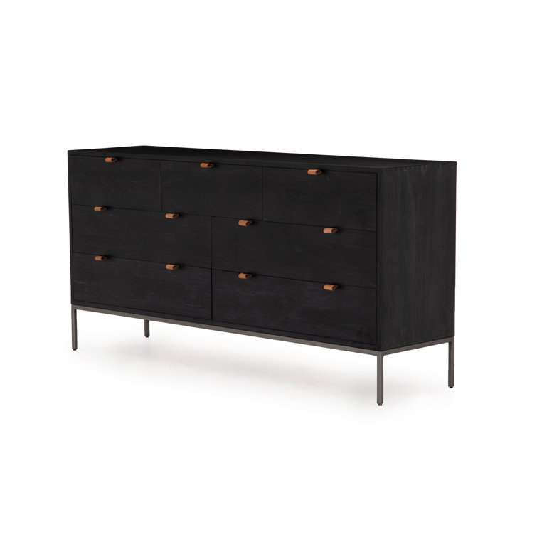 Mid-Century Modern Black 7-Drawer Dresser with Leather Pulls