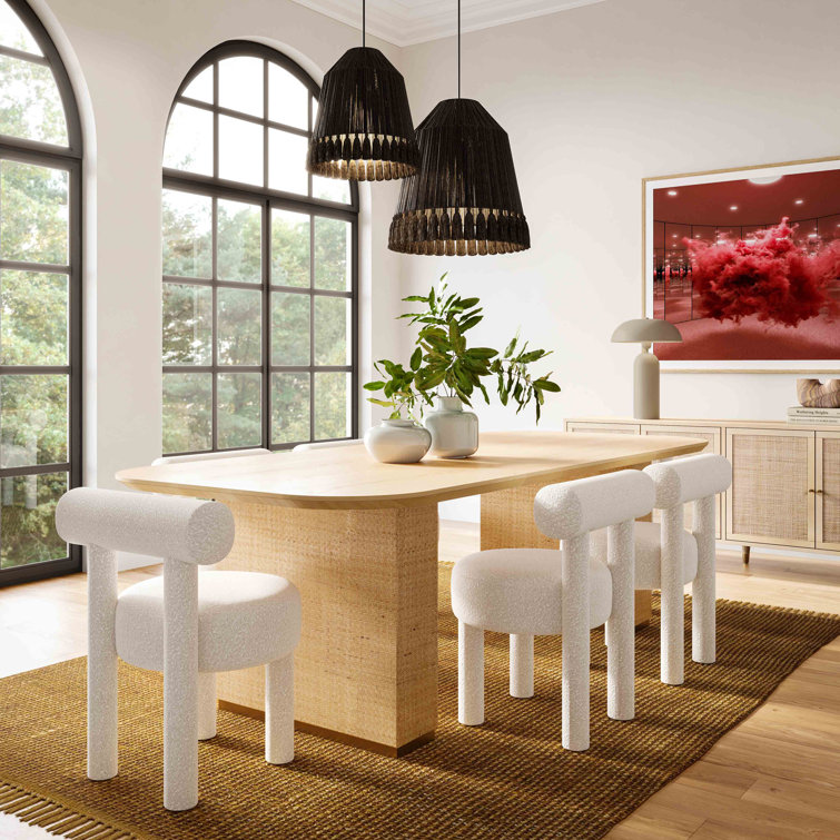 Boucle White Velvet Upholstered Dining Chair with Solid Wood Legs