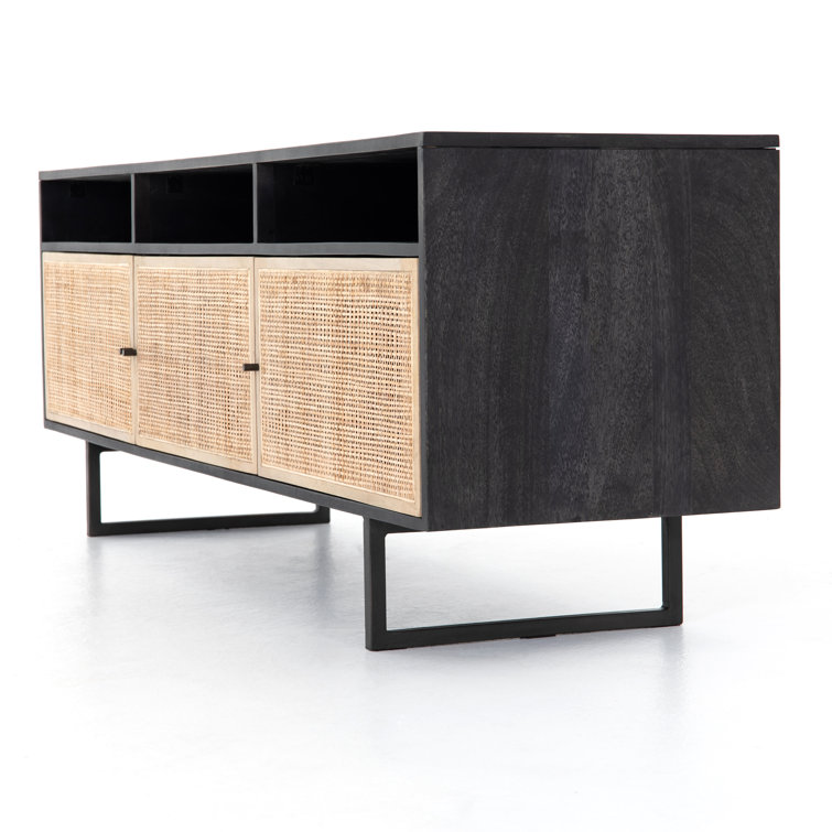 Carmel 65'' Black Wash Contemporary Mango Wood Media Console with Cabinet