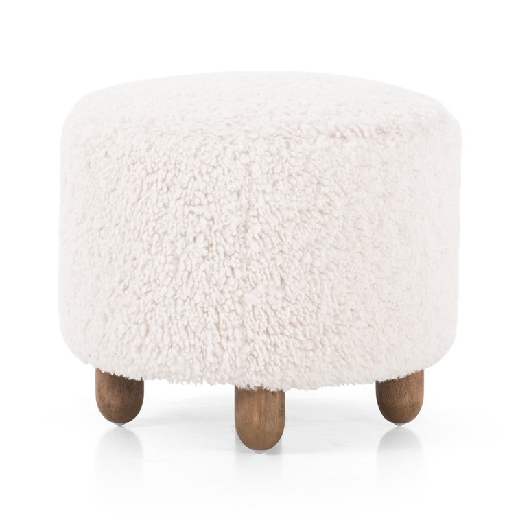 Aniston 22.5'' Ivory Sheepskin Round Ottoman with Wire-Brushed Legs