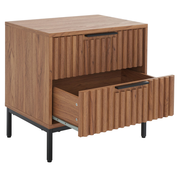 Oak and Black 2-Drawer Fluted Nightstand with Cone Legs