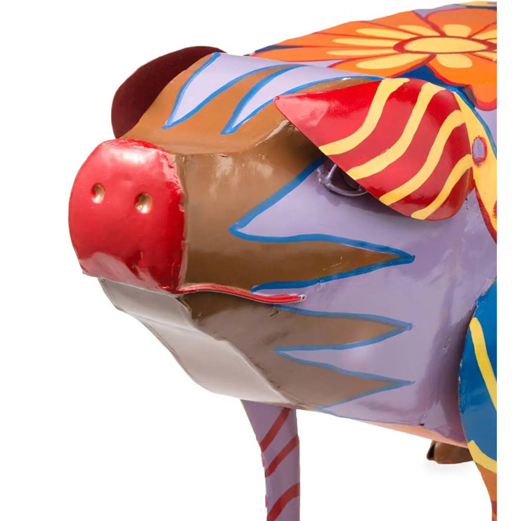 Colorful Folk Art Pig Metal Outdoor Side Table