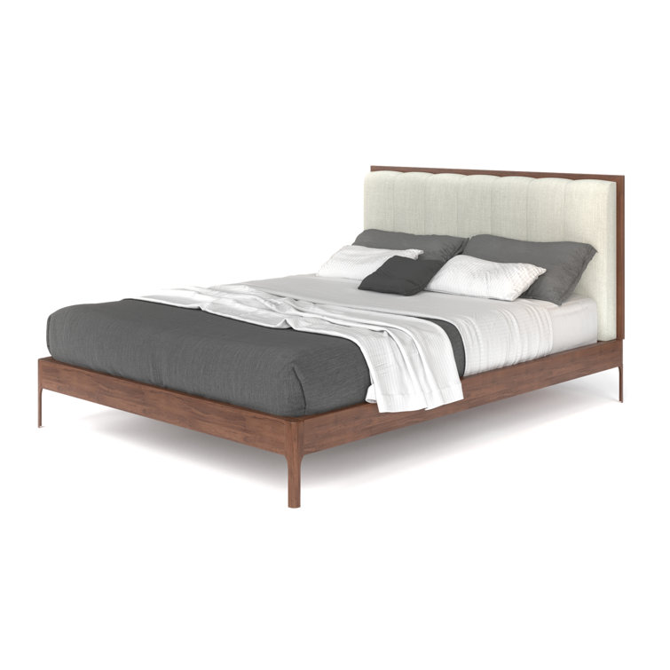 Walnut Queen Bed with Off-White Tufted Upholstered Headboard