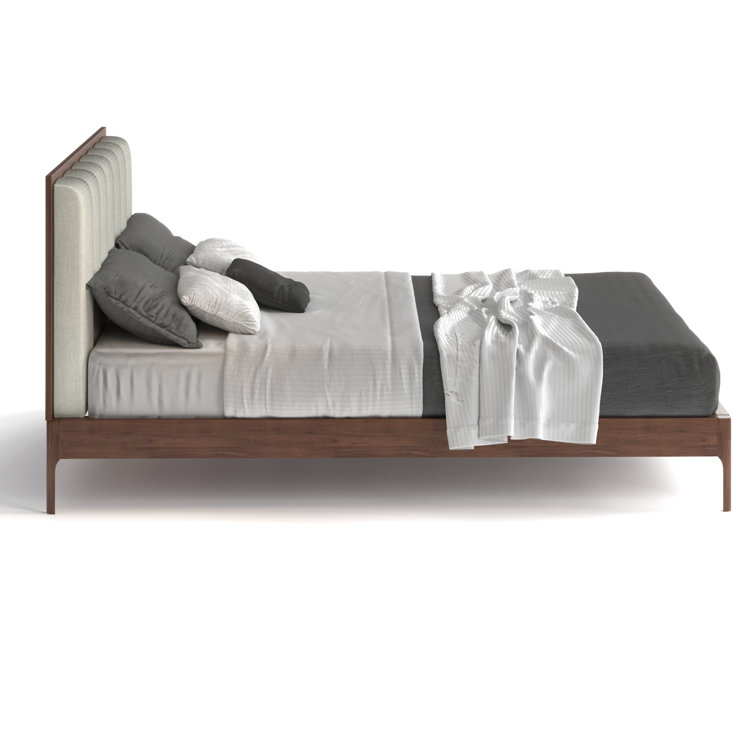 Walnut Queen Bed with Off-White Tufted Upholstered Headboard