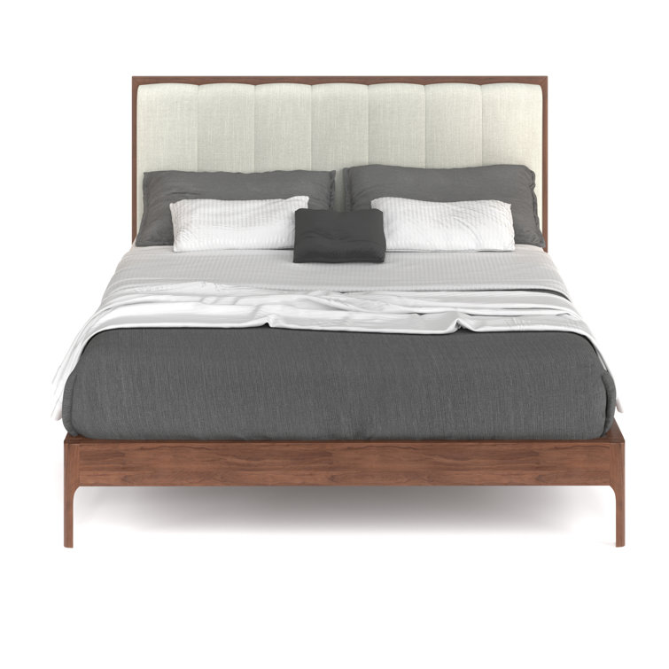 Walnut Queen Bed with Off-White Tufted Upholstered Headboard