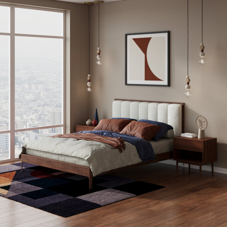 Walnut Queen Bed with Off-White Tufted Upholstered Headboard