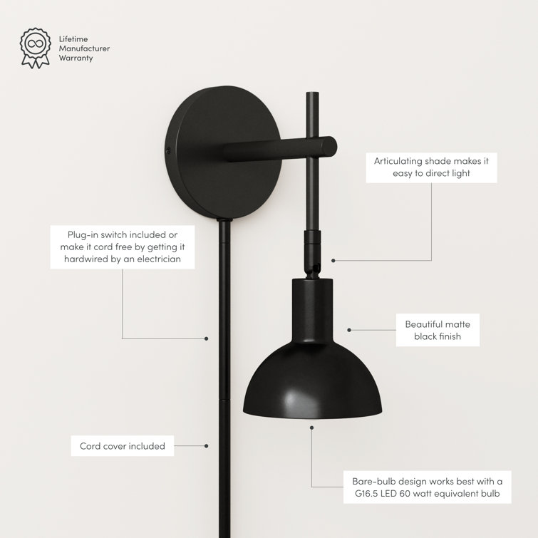 Matte Black Adjustable Metal Wall Sconce with Bell Shade