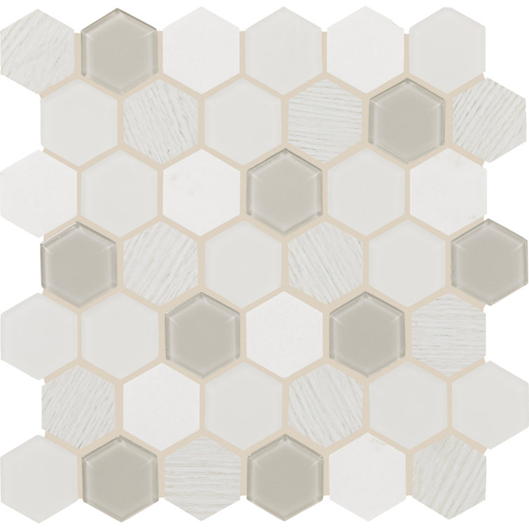 11" x 11" Frost Glass and Marble Honeycomb Mosaic Tile