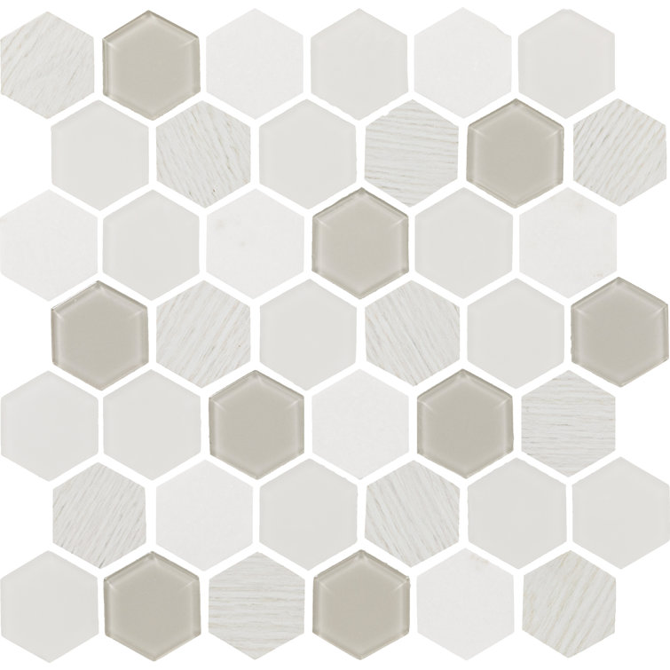 11" x 11" Frost Glass and Marble Honeycomb Mosaic Tile