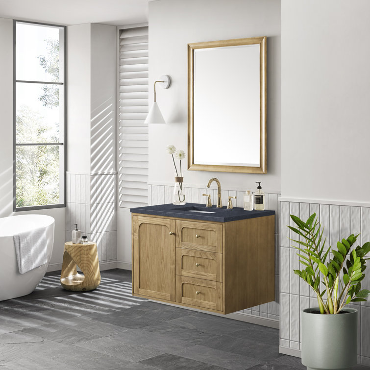 Laurent 36" Light Natural Oak Wall-Mount Vanity with Charcoal Quartz Top