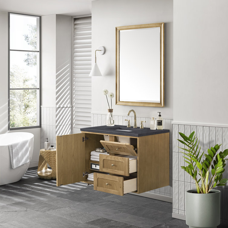 Laurent 36" Light Natural Oak Wall-Mount Vanity with Charcoal Quartz Top